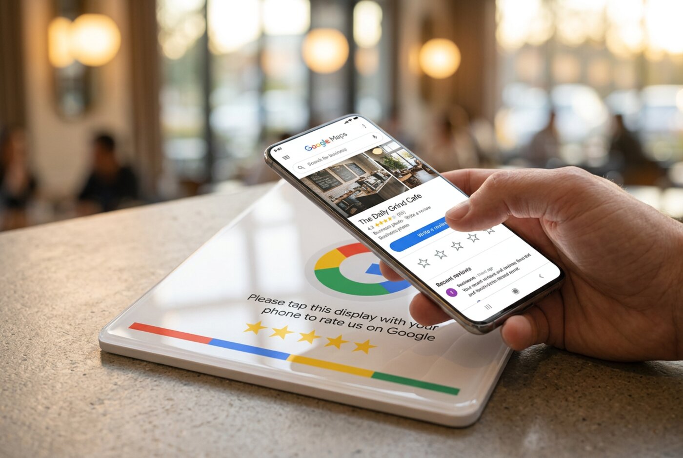 Klant tikt met een smartphone op een witte NFC Google Review kaart op een kassa